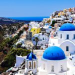 a scenic view of a blue and white village